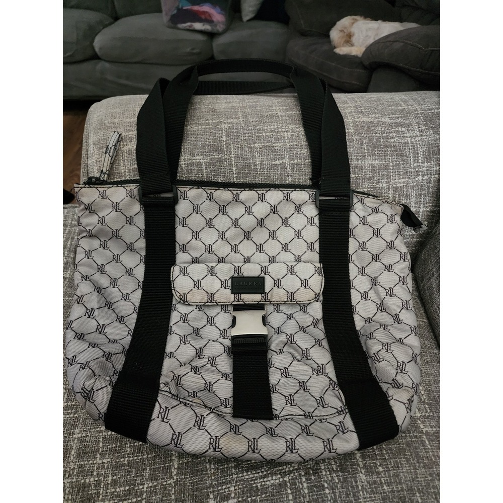 Lauren Ralph Lauren Monogram Jacquard Tote Bag Gray Black RL Logo Buckle Pocket - Picture 1 of 6